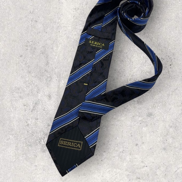 SERICA Black/Blue/Brown Striped Paisley Silk LUXURY Tie HANDMADE ITALY - Picture 2 of 6